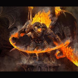 Könnte beinhalten: Digitale Illustration eines Balrogs, eines feurigen Dämons aus der Fantasy. Die Kreatur wird mit einer flammenden Mähne, Flügeln und einem Feuerschwert dargestellt. Es steht auf einem Steinsockel, umgeben von Rauch.