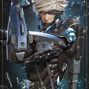 Puede incluir: Ilustración digital de un personaje con armadura futurista, flexionando su brazo. La armadura es principalmente azul oscuro y plateada, con intrincados detalles mecánicos. El personaje tiene cabello blanco y una venda negra. El fondo presenta efectos de vidrio roto.