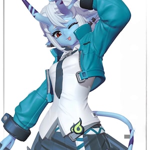 May include: A stylized anime-style figure with blue skin, white hair, and red eyes. The figure wears a white top, teal jacket, and a dark skirt. The figure has horns, a tail, and is winking.