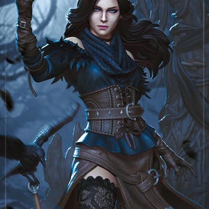 May include: Digital illustration of a woman in a fantasy outfit. She wears a dark blue top, a brown corset, and a long brown skirt. Her black hair is long and wavy, and she has blue eyes. A raven is perched on a staff in the foreground.