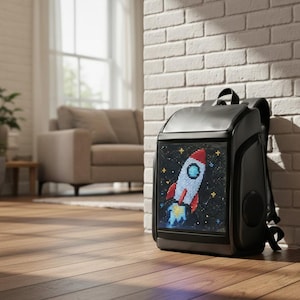 Peut inclure: Sac à dos noir avec un écran numérique affichant une fusée pixélisée sur fond étoilé. Le sac à dos a une poignée supérieure et une poche latérale. Il est appuyé contre un mur de briques blanches.