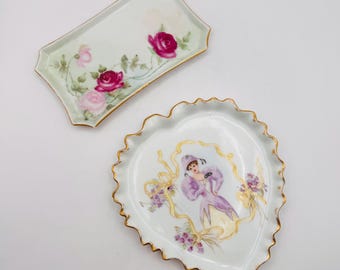 Antique Limoges French Porcelain Set, Heart Dish Signed R Ives 1894 with Hand Painted Vanity Tray Wm Guerin