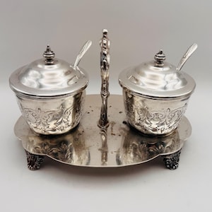 Vintage Crown Silver Condiment Set Caddy Dual Glass Inserts Lidded Pots Footed Tray