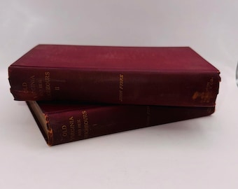 May include: Two antique books with burgundy covers are stacked on top of each other. The top book is labeled "Old Virginia and Her Neighbors, II" and the bottom book is labeled "Old Virginia and Her Neighbors, I". The author's name, John Fiske, is printed on the top book.