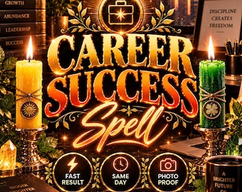 May include: A Career Success Spell graphic featuring a yellow candle with a sun charm and a green candle with a clover charm in gold holders. The text reads Career Success Spell, Fast Result, Same Day, Photo Proof, and A Brighter Future.