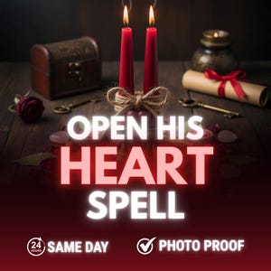 May include: An image featuring two lit red candles tied together with twine, with the text "OPEN HIS HEART SPELL" in white and red. Other items include a small chest, a rose, keys, and a scroll.