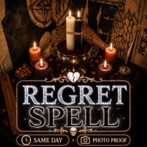 May include: A silver bowl containing two tall candles, one white and one dark green, surrounded by four smaller lit candles. The image features the text REGRET SPELL, a broken heart icon, a skull, and the phrases SAME DAY and PHOTO PROOF.
