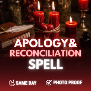 May include: Image features red candles with lit flames, a heart-shaped accent, and the text "APOLOGY & RECONCILIATION SPELL." Additional elements include a quill, a book, and a small inkwell, suggesting a mystical or spiritual theme.