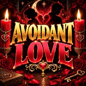 May include: A graphic design featuring the text AVOIDANT LOVE in gold and red lettering. The image includes two red candles with broken heart charms, silhouettes of two people, a crescent moon, red roses, a small ornate box, and a gold key.
