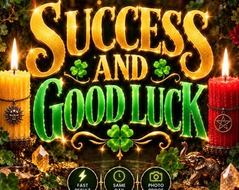 Könnte beinhalten: Eine digitale Grafik mit dem gold-grünen Schriftzug SUCCESS AND GOOD LUCK und Kleeblatt-Symbolen. Flankiert wird der Text von einer gelben Kerze mit Sonnenanhänger und einer roten Kerze mit Pentagramm-Anhänger sowie einer kleinen Elefantenfigur.