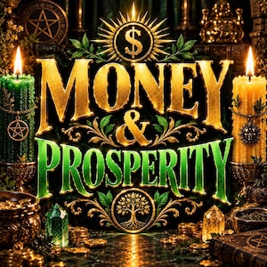 May include: A graphic design featuring the text MONEY & PROSPERITY in gold and green lettering. The image includes a green candle with a pentacle charm, a yellow candle with a sun charm, gold coins, green crystals, and a tree of life emblem.