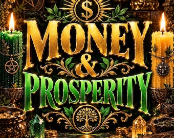 May include: A graphic design featuring the text MONEY & PROSPERITY in gold and green lettering. The image includes a green candle with a pentacle charm, a yellow candle with a sun charm, gold coins, green crystals, and a tree of life emblem.