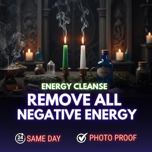 May include: An advertisement for energy cleansing services. The image shows two burning candles, green and white, with smoke. Text reads "ENERGY CLEANSE, REMOVE ALL NEGATIVE ENERGY." A blue bottle labelled "Cleanse" is also visible.