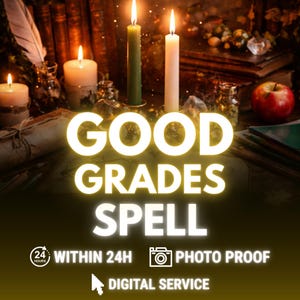 May include: An image featuring lit candles, books, and a red apple, with the words "GOOD GRADES SPELL" in bright yellow. Additional text includes "WITHIN 24H", "PHOTO PROOF", and "DIGITAL SERVICE". The scene evokes a mystical or magical theme.