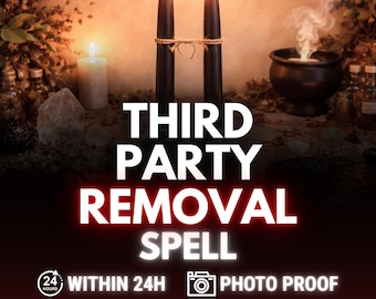 Könnte beinhalten: Bild mit zwei brennenden schwarzen Kerzen, die zusammengebunden sind, mit dem Text "THIRD PARTY REMOVAL SPELL". Zusätzlicher Text lautet "WITHIN 24H", "PHOTO PROOF" und "DIGITAL SERVICE". Eine brennende Kerze und ein Kessel sind ebenfalls zu sehen.