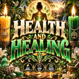 Może przedstawiać: Projekt graficzny z napisem HEALTH AND HEALING dużymi złotymi i zielonymi literami. Obraz zawiera żółtą świecę z zawieszką w kształcie słońca, zieloną świecę z zawieszką w kształcie drzewa, kryształy, liście oraz sylwetkę osoby.