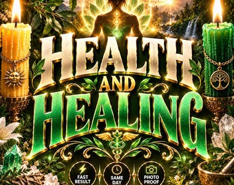 May include: A graphic design featuring the text HEALTH AND HEALING in large gold and green letters. The image includes a yellow candle with a sun charm, a green candle with a tree charm, crystals, foliage, and a silhouette of a person.