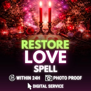 Op de afbeelding: Een digitale afbeelding met de woorden "RESTORE LOVE SPELL" in heldere letters. Twee rode kaarsen zijn aangestoken en een open boek staat in het midden. De afbeelding bevat ook de tekst "WITHIN 24H PHOTO PROOF DIGITAL SERVICE".