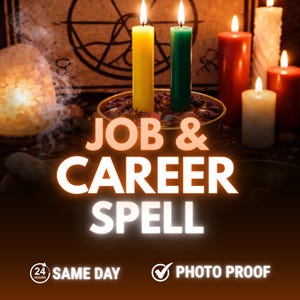 Könnte beinhalten: Ein Bild mit brennenden Kerzen, darunter gelbe und grüne Kerzen, die mit getrockneten Blumen angeordnet sind. Der Text "JOB & CAREER SPELL" ist deutlich sichtbar. Zusätzlicher Text enthält "SAME DAY" und "PHOTO PROOF".