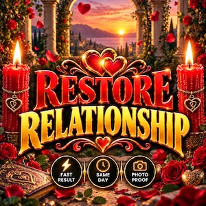 Puede incluir: Un diseño gráfico con el texto RESTORE RELATIONSHIP en letras doradas. Dos velas rojas con dijes en forma de corazón flanquean el texto. Debajo hay tres iconos circulares con las etiquetas FAST RESULT, SAME DAY y PHOTO PROOF sobre un atardecer.