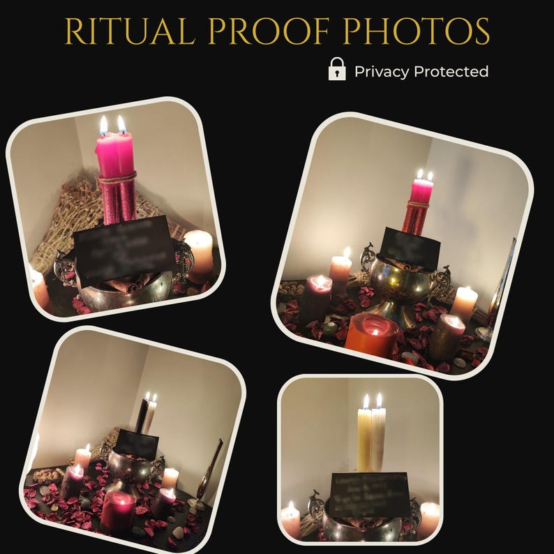 May include: The image displays four framed photos with a black background. Each photo features lit candles, a silver bowl, and a black sign. The text "RITUAL PROOF PHOTOS" and "Privacy Protected" are visible at the top.
