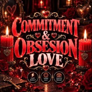Peut inclure: Un design graphique avec le texte COMMITMENT & OBSESION LOVE en lettres rouges grasses, entouré de deux bougies piliers rouges avec des breloques cœurs, des roses rouges, des cœurs en cristal et une clé ancienne, avec des icônes de service.