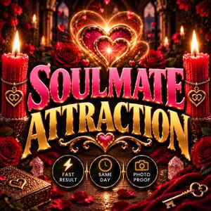 Op de afbeelding: Een digitale afbeelding met de tekst SOULMATE ATTRACTION in goudkleurige en roze letters. De afbeelding bevat twee rode kaarsen met hartvormige bedels, rode rozen, een gloeiend hartsymbool, een kleine sleutel en drie ronde iconen met tekst.