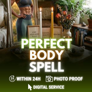 May include: An image promoting a "Perfect Body Spell" with text. It features a woman in athletic wear reflected in a mirror, candles, and framed text reading "Love Your Body Fully," "Radiate Beauty," and "Armony."