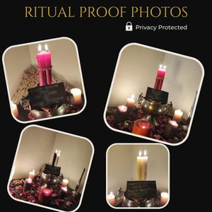 May include: A collage of four images featuring lit candles in various arrangements. The text "RITUAL PROOF PHOTOS" is at the top, with "Privacy Protected" below. Each image shows candles of different colors, some with a dark surface.