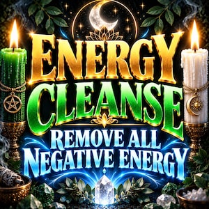 May include: A green candle with a pentacle charm and a white candle with a sun and moon charm, both lit. The text reads ENERGY CLEANSE REMOVE ALL NEGATIVE ENERGY. A glowing crystal sits at the bottom center surrounded by green leaves and stones.