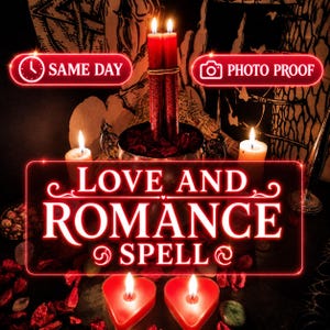 May include: Two tall red candles tied together, two smaller white candles, and two heart-shaped red candles arranged with scattered red petals. The image features glowing text that reads SAME DAY, PHOTO PROOF, and LOVE AND ROMANCE SPELL.