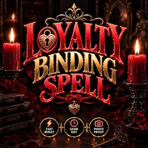 Pode incluir: Um design gráfico com o texto "LOYALTY BINDING SPELL" em letras grandes vermelhas e douradas, um cadeado em forma de coração, duas velas vermelhas, uma pilha de livros rotulados "LOVE," "TRUST," "LOYALTY," e "COMMITMENT," e três ícones circulares.