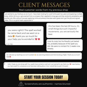 May include: A black graphic with customer testimonials. The text reads "CLIENT MESSAGES" and "Real customer words from my previous shop." Several customer reviews are displayed in white text boxes, with the call to action "START YOUR SESSION TODAY."