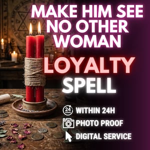 May include: Image features two red candles bound with twine, burning brightly. The text "MAKE HIM SEE NO OTHER WOMAN LOYALTY SPELL" is prominently displayed. Additional text includes "WITHIN 24H", "PHOTO PROOF", and "DIGITAL SERVICE". The scene is set on a wooden table.