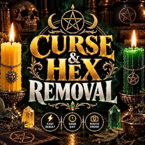 May include: A graphic design featuring the text CURSE & HEX REMOVAL in gold and white lettering. The image includes two lit candles, one yellow with a sun charm and one green with a pentagram charm, alongside crystals and three circular icons.