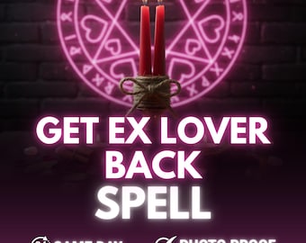 Könnte beinhalten: Zwei rote Kerzen, mit Bindfaden zusammengebunden, brennen vor einem rosa Pentagramm mit Herzen. Der Text "GET EX LOVER BACK SPELL" ist weiß dargestellt, darunter "SAME DAY" und "PHOTO PROOF" auf dunklem Hintergrund.