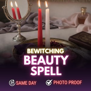 May include: A still life featuring a red and white candle with lit flames, a mirror, and the text "BEWITCHING BEAUTY SPELL". The image also includes a gold tray, a book, and a bottle of perfume. The text "SAME DAY" and "PHOTO PROOF" are also visible.