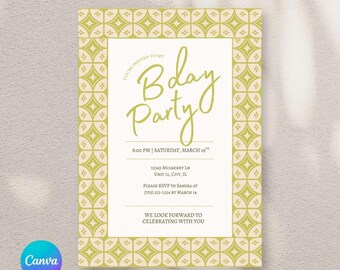 Op de afbeelding: Een uitnodiging voor een feestje met een crèmekleurige achtergrond en een decoratieve rand in groentinten. De tekst "Bday Party" is geschreven in een stijlvol lettertype. Extra tekst bevat de datum, tijd en RSVP-informatie. Het Canva-logo staat linksonder.