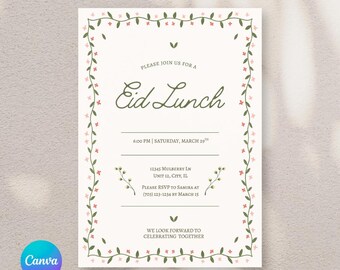 Op de afbeelding: Crèmekleurige uitnodiging met bloemenrand en tekst "Eid Lunch". Details omvatten datum, tijd, locatie en RSVP-informatie. Het ontwerp bevat een Canva-logo in de linker benedenhoek.