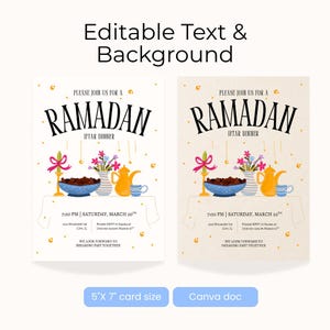 Op de afbeelding: Twee Ramadan Iftar diner uitnodigingen. Het ontwerp toont het woord "RAMADAN" in grote, elegante letters. De uitnodigingen bevatten illustraties van eten, bloemen en een theepot. De kaartgrootte is 12,7 cm x 17,8 cm.