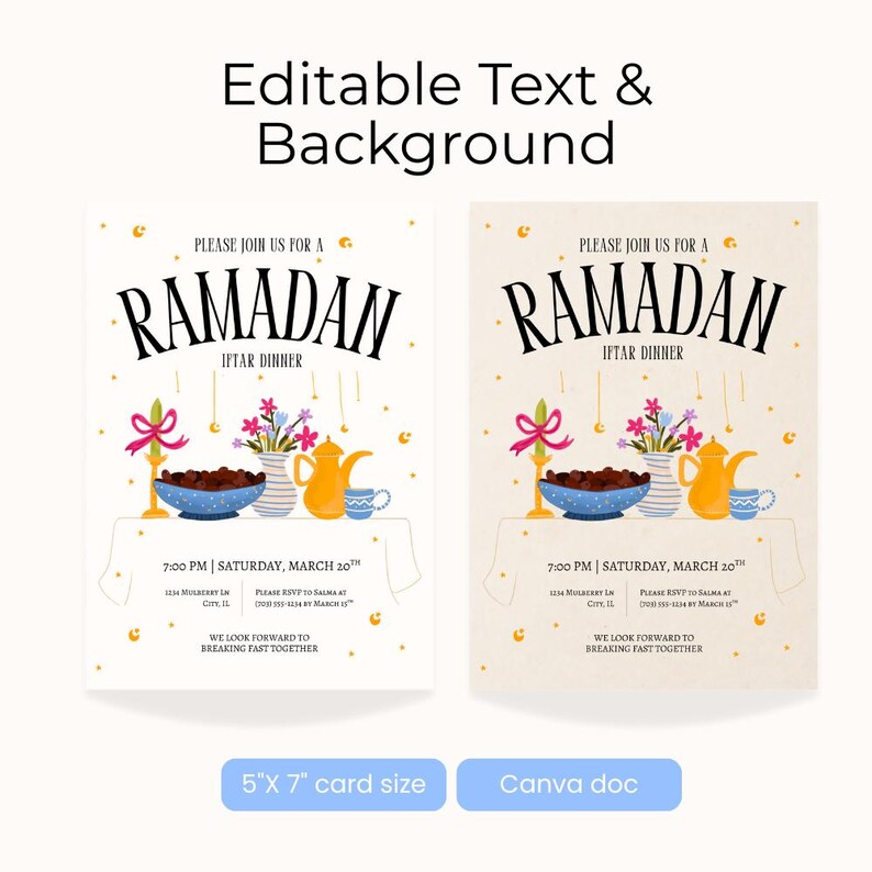 Op de afbeelding: Twee Ramadan Iftar diner uitnodigingen. Het ontwerp toont het woord "RAMADAN" in grote, elegante letters. De uitnodigingen bevatten illustraties van eten, bloemen en een theepot. De kaartgrootte is 12,7 cm x 17,8 cm.