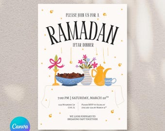May include: Ramadan Iftar Dinner invitation with decorative elements. The invitation includes text, a candle, a bowl of dates, a vase of flowers, a teapot, and a cup. The text includes the date, time, and RSVP information.