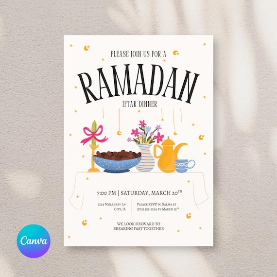 Ramadan Iftar Invitation Template | Printable 5x7 Ramadan Dinner Invite| Instant Download | Editable Canva Template | Floral Girly Handdrawn