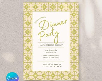 Op de afbeelding: Een uitnodiging voor een diner met een crèmekleurige achtergrond en een olijfgroene geometrische rand. De uitnodiging heeft elegante scripttekst, met "Dinner Party" als belangrijkste focus. De uitnodiging bevat evenementdetails.