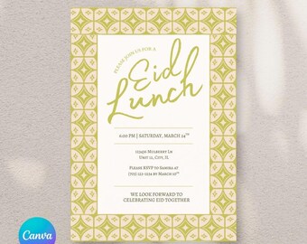 Op de afbeelding: Een rechthoekige uitnodigingskaart met een lichtgroene geometrische sterrenpatroonrand. De tekst luidt: Please join us for a Eid Lunch, 6:00 PM | Saturday, March 24th, 123456 Mulberry Ln, Unit 12, City, IL, Please RSVP to Samira at (703) 123-1234 by March 10th, We look forward to celebrating Eid together.