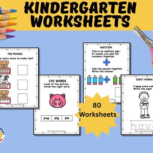 Könnte beinhalten: Eine Sammlung von Arbeitsblättern für den Kindergarten mit dem Titel "KINDERGARTEN WORKSHEETS". Die Arbeitsblätter behandeln Themen wie Addition, Sichtwörter und CVC-Wörter. Buntstifte und eine rosa Schere sind ebenfalls zu sehen.