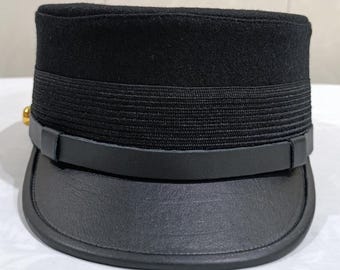 Black Train Conductor Kepi Cap, Vintage Railroad Style Flat Top Uniform Hat