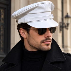 Pode incluir: Um quepe de estilo militar branco com coroa estruturada, topo plano e pala curta. Uma tira horizontal atravessa a parte frontal, fixada por pequenos botões metálicos em cada lado, apresentando um acabamento liso e linhas bem definidas.