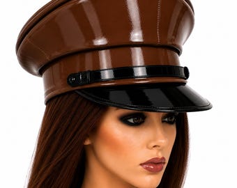 Glossy Patent Leather Officer Cap, Military Style Commander Hat, Cosplay Visor Headwear