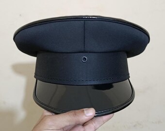 Black Officer Peaked Visor Cap, Vintage Military Inspired Parade Hat, Gothic Cosplay Accessory